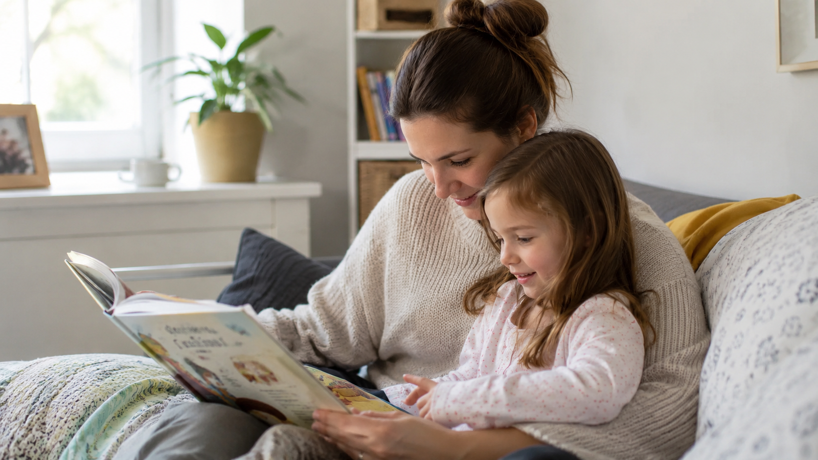 Mãe lendo um livro com a filha no colo, em casa